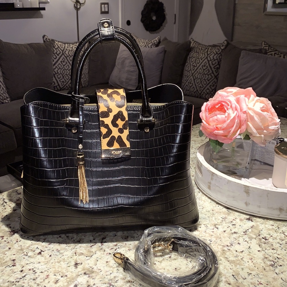 NWOT Dune London Leopard Laptop bag Crossbody Strap Fabulous Faux Croc Black